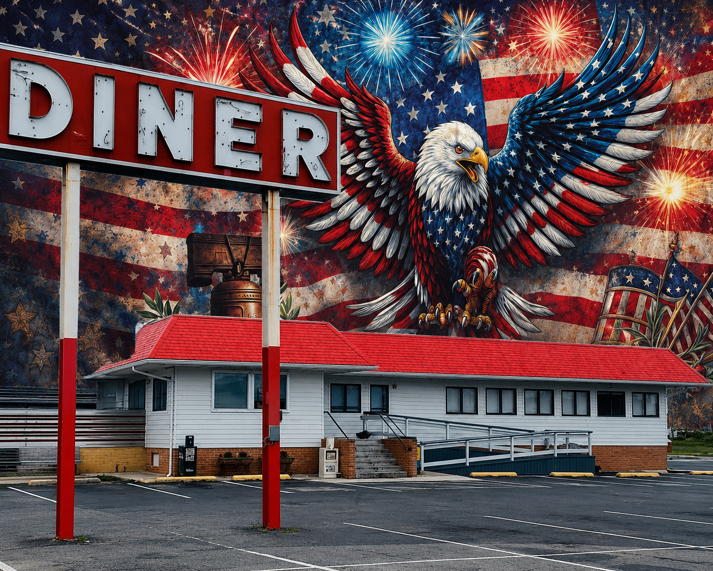 Milford Diner exterior with patriotic American eagle and flag mural
